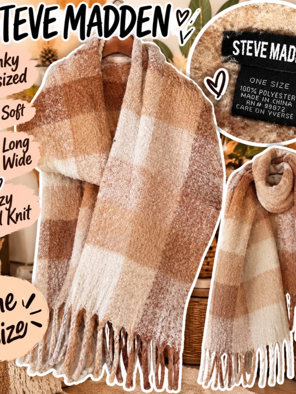 Steve Madden Oversized Chunky Plaid Blanket Scarf Extra Long & Wide